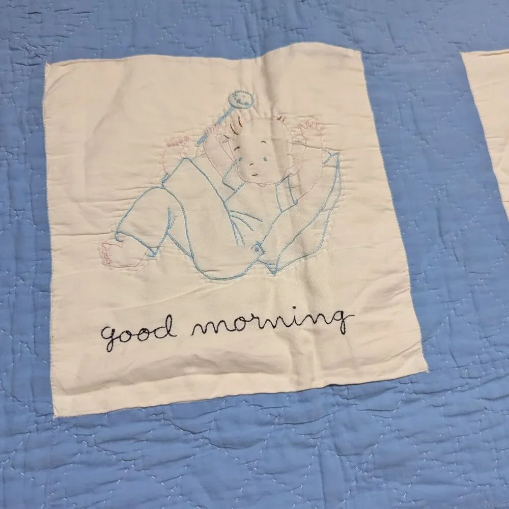Vintage Embroidered Baby Blue & White Crib Blanket 